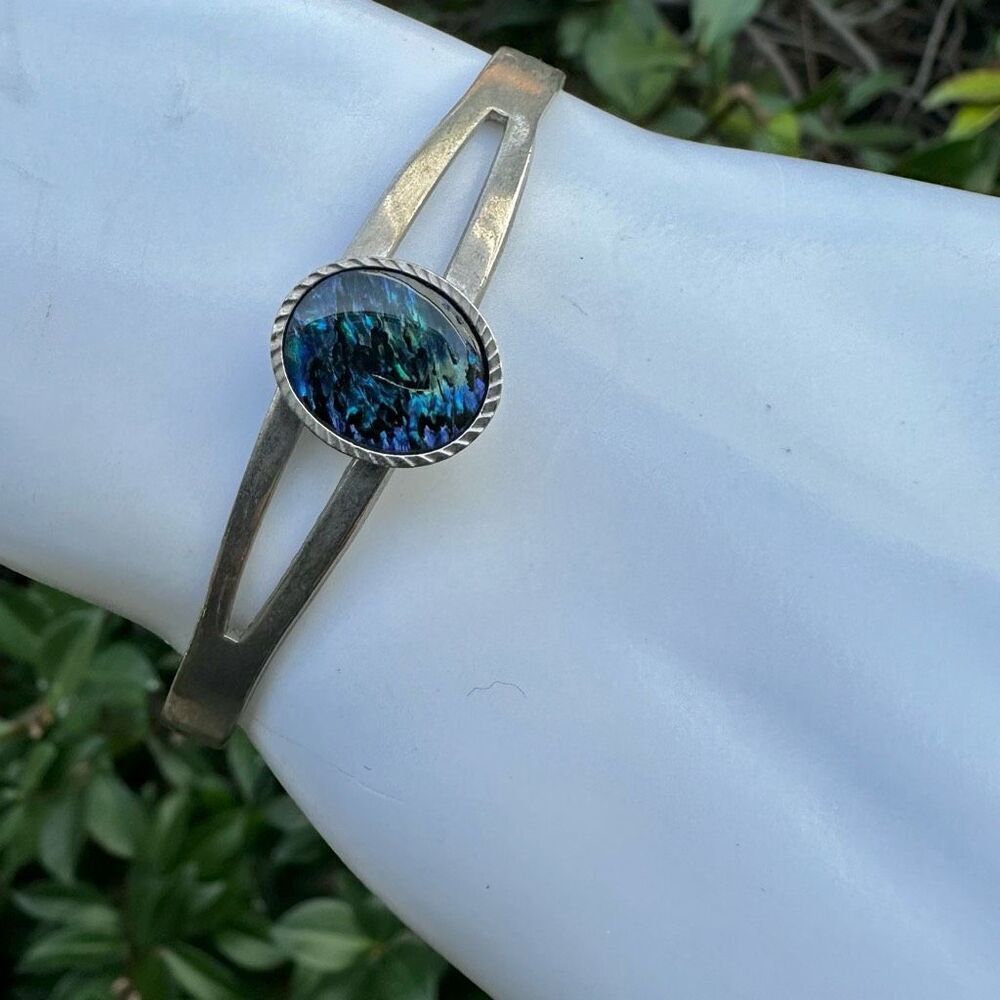 Silver tone blue bead  cuff bracelet